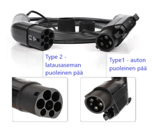 Lataa kuva gallerianäkymään, Latauskaapeli Type 1 - Type 2 – pituus 10 metriä – 16A/3,7kW – 1-vaihe – EV sähköauton Type-1 - Type-2 latausjohto - Mode 3 - ilmainen toimitus