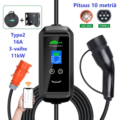 Sähköauton latauslaite voimavirtaan - wifi-yhteys älypuhelin-sovelluksella - pituus 10 metriä - Type2 latausasema - 11kW  3x16A - 3-vaihe CEE16A voimavirtapistoke – Kannettava Type-2 laturi ajastimella - ilmainen toimitus
