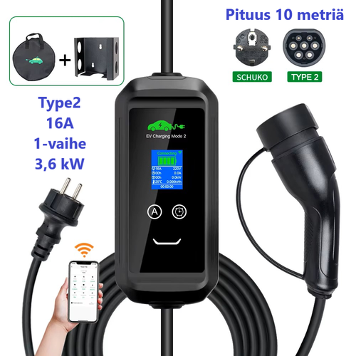 Sähköauton latauslaite - wifi-yhteys älypuhelin-sovelluksella - pituus 10 metriä - Type2 latausasema - 1-vaihe 3,6 kW suko 1x16A – Kannettava Type-2 laturi ajastimella - ilmainen toimitus