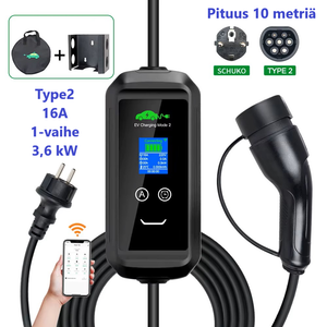 Sähköauton latauslaite - wifi-yhteys älypuhelin-sovelluksella - pituus 10 metriä - Type2 latausasema - 1-vaihe 3,6 kW suko 1x16A – Kannettava Type-2 laturi ajastimella - ilmainen toimitus