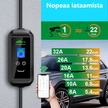 Lataa kuva gallerianäkymään, Sähköauton latauslaite voimavirtaan - wifi-yhteys älypuhelin-sovelluksella - pituus 10 metriä - Type2 latausasema - 22kW  3x32A - 3-vaihe CEE32A voimavirtapistoke – Kannettava Type-2 laturi ajastimella - ilmainen toimitus
