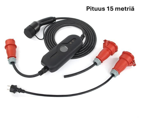 Sähköauton latauslaite voimavirtaan - pituus 15 metriä - Type2 latausasema Schuko adapterilla - 11kW  3x16A - 3-vaihe CEE16A voimavirtapistoke – Kannettava Type 2 laturi ajastimella - maksuton toimitus